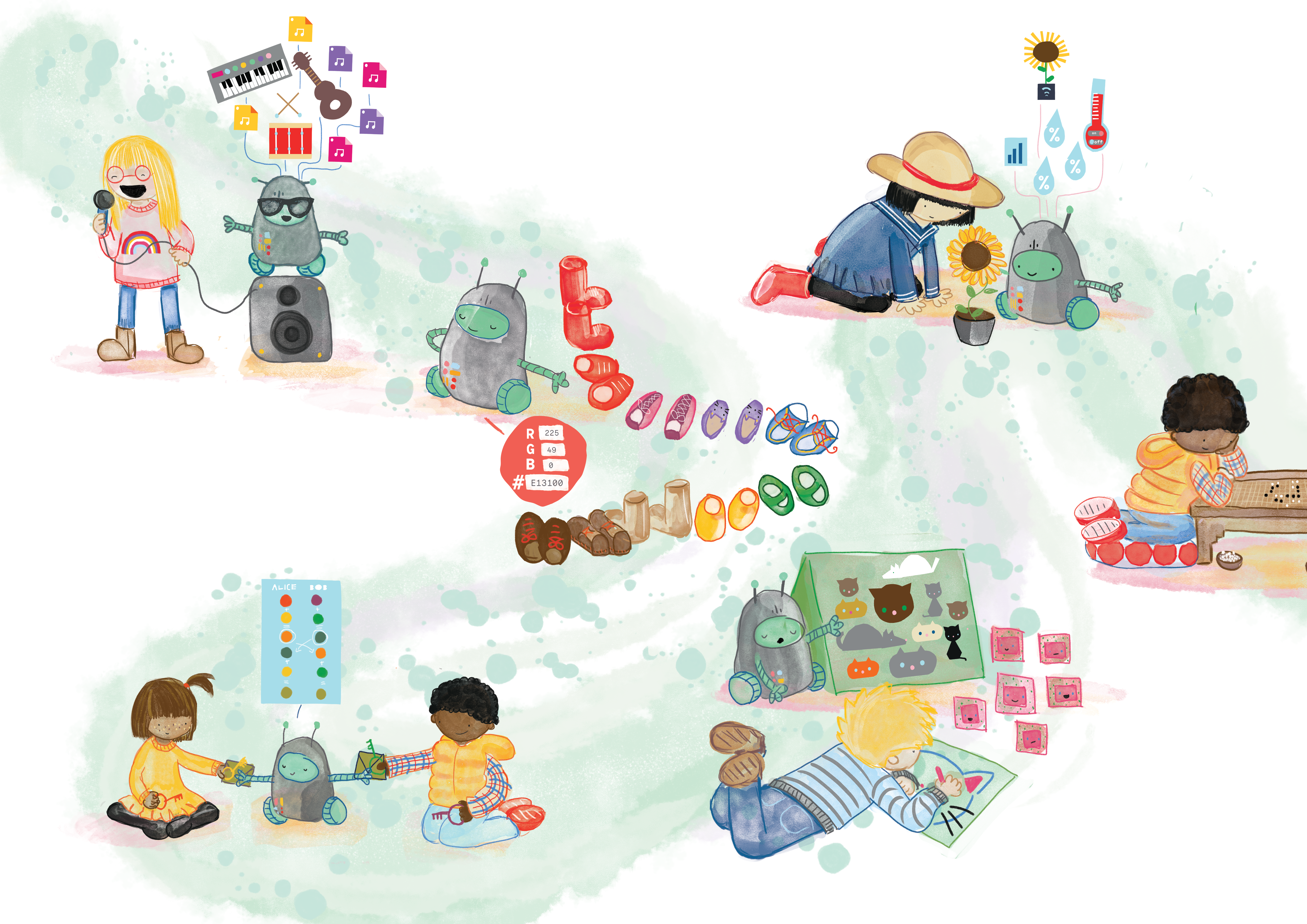 Children and robots exploring music, gardening, and play together
